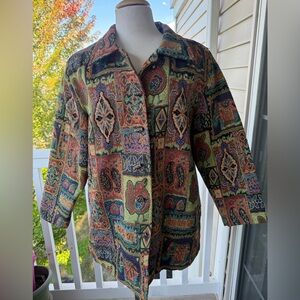 Vintage White Stag Floral Beaded Tapestry Jacket Elephant Chick Paisley Print